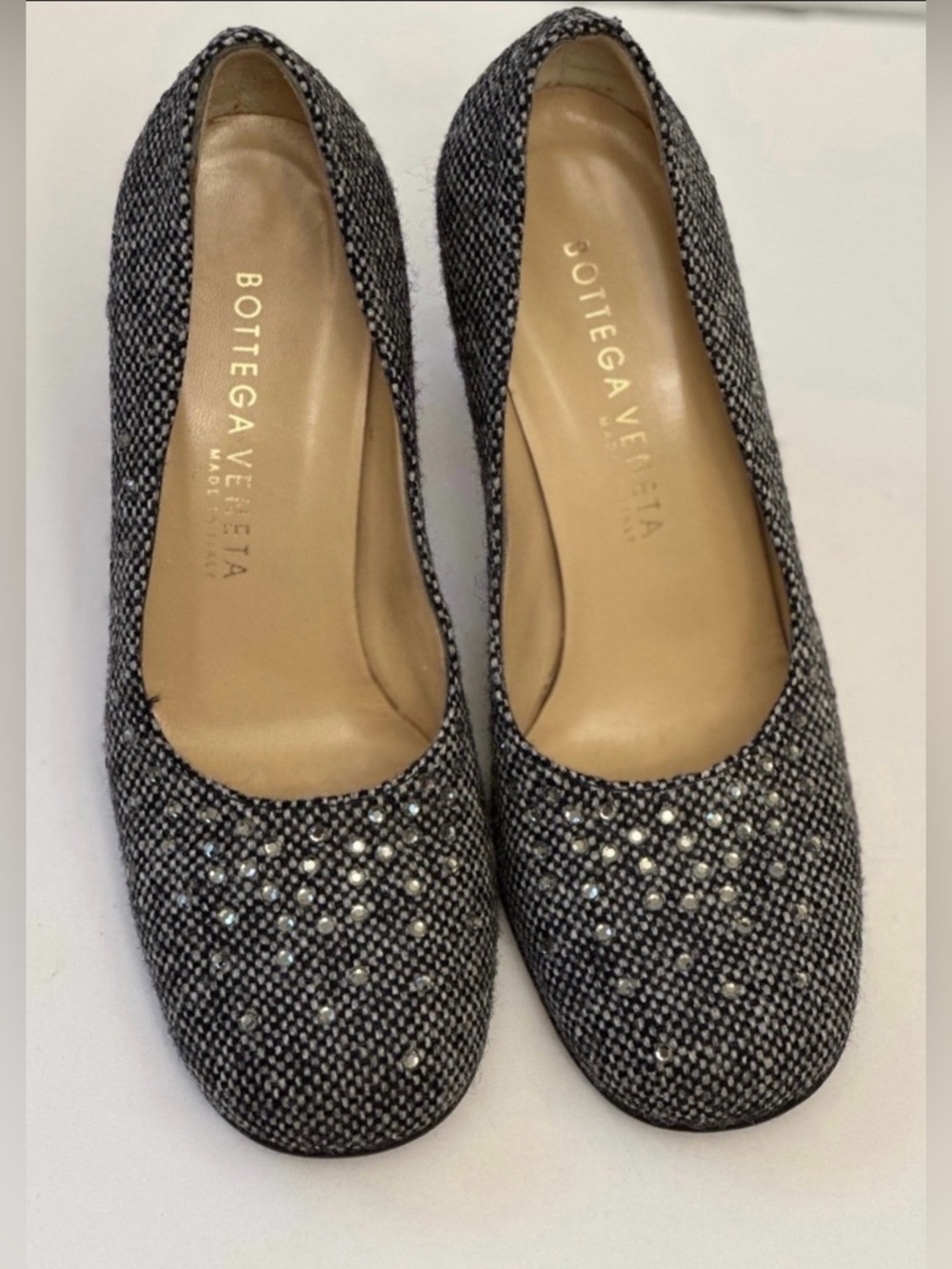 Bottega Veneta heels*Studded Tweed Block Heel Pumps - Black & White*Sz 6*VTG*